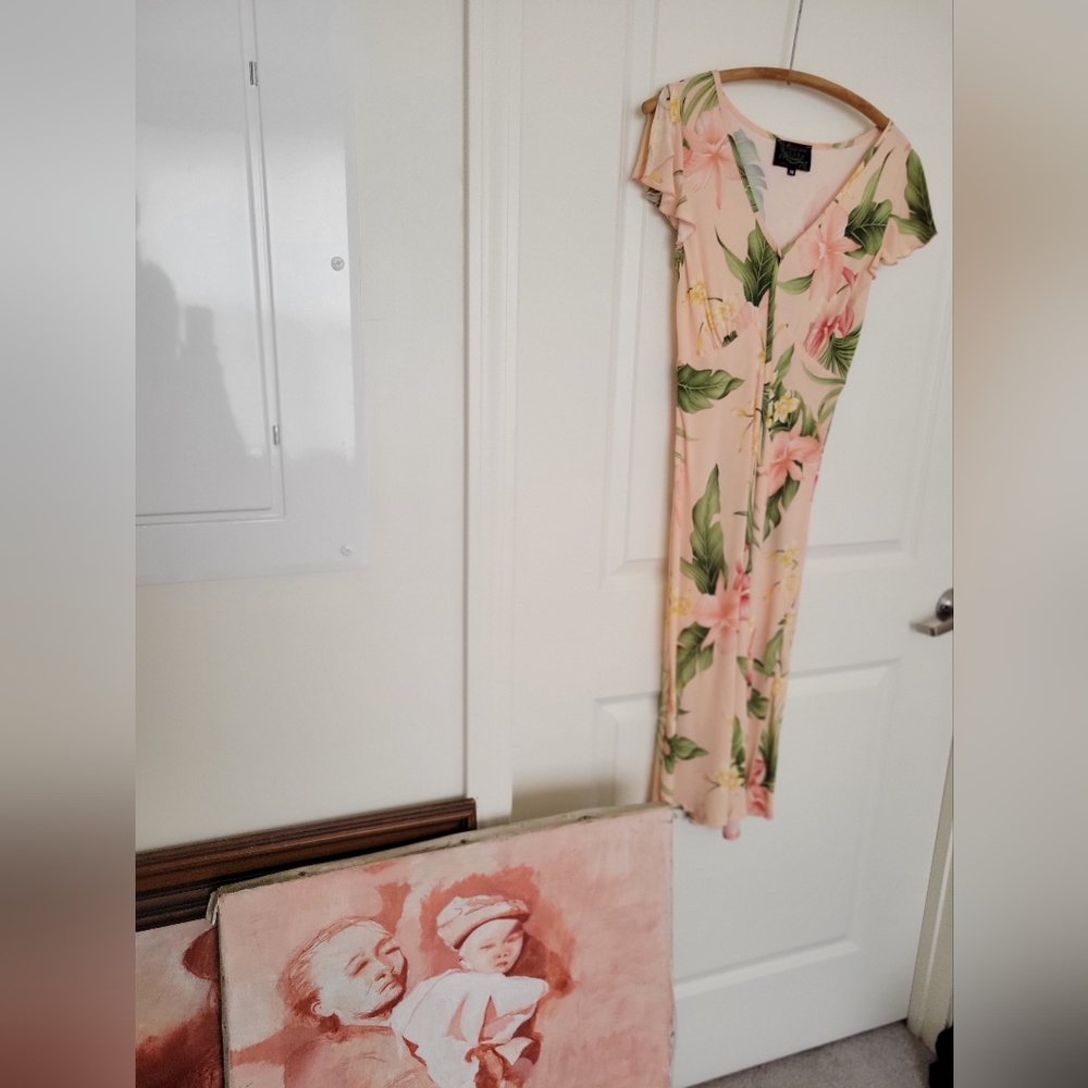 Dressy dress w. pink,  green & white flowers